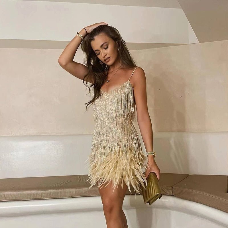 Pamelo | Women’s Sequin Fringe Mini Dress with Feather Hem and Spaghetti Straps Gold