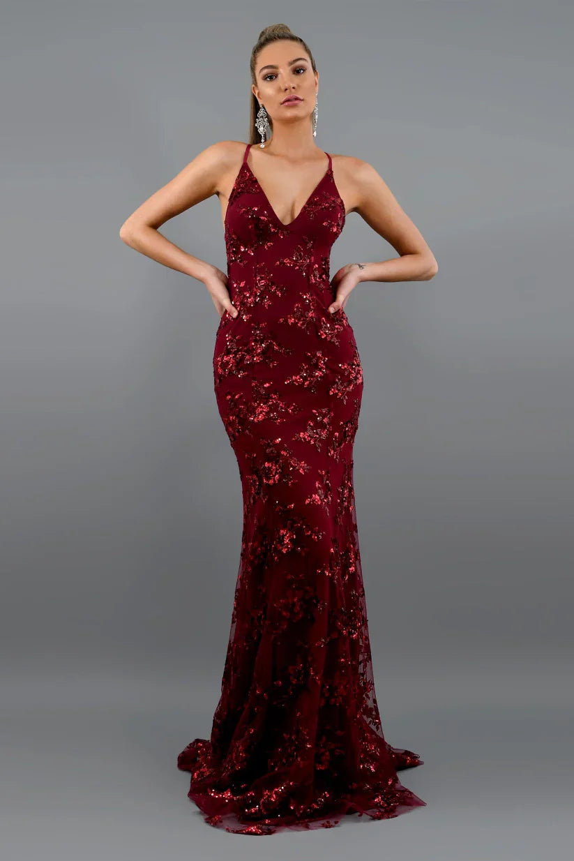 Luna | Women's Sequin Maxi Dress – Elegant, Fitted & Floor-Length Gown for Formal Events Red