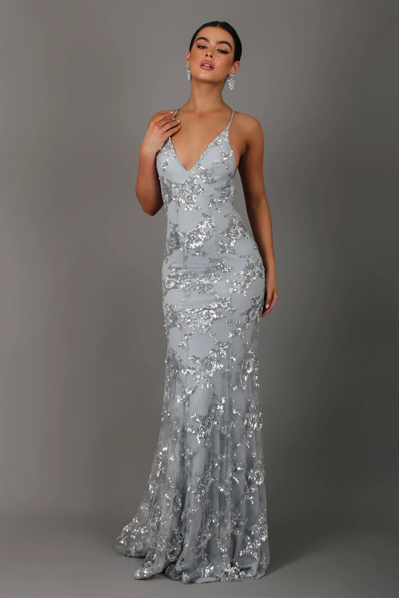 Luna | Women's Sequin Maxi Dress – Elegant, Fitted & Floor-Length Gown for Formal Events Grey