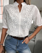 Lavendel | Women’s Short Sleeves Stand Collar Blouse with Floral Embroidery and Eyelet Detailing White