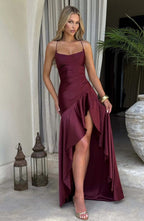 Flōre | Women's Sleeveless Wedding Guest Dress with Hight Slit and Diagonal Hemline Burgundy