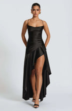 Flōre | Women's Sleeveless Wedding Guest Dress with Hight Slit and Diagonal Hemline Black