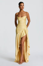 Flōre | Women's Sleeveless Wedding Guest Dress with Hight Slit and Diagonal Hemline Yellow