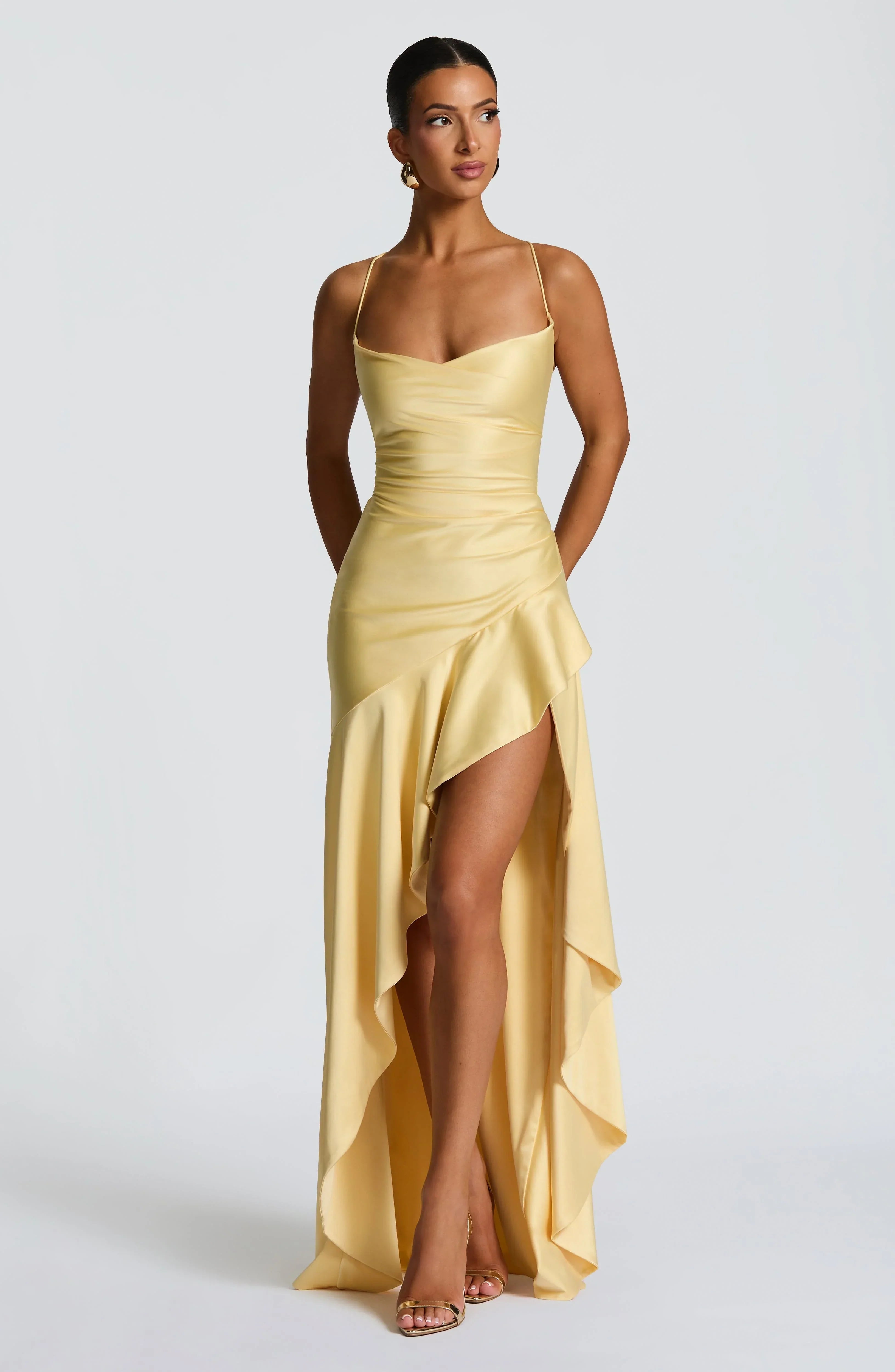 Flōre | Women's Sleeveless Wedding Guest Dress with Hight Slit and Diagonal Hemline Yellow
