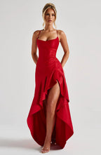 Flōre | Women's Sleeveless Wedding Guest Dress with Hight Slit and Diagonal Hemline Red