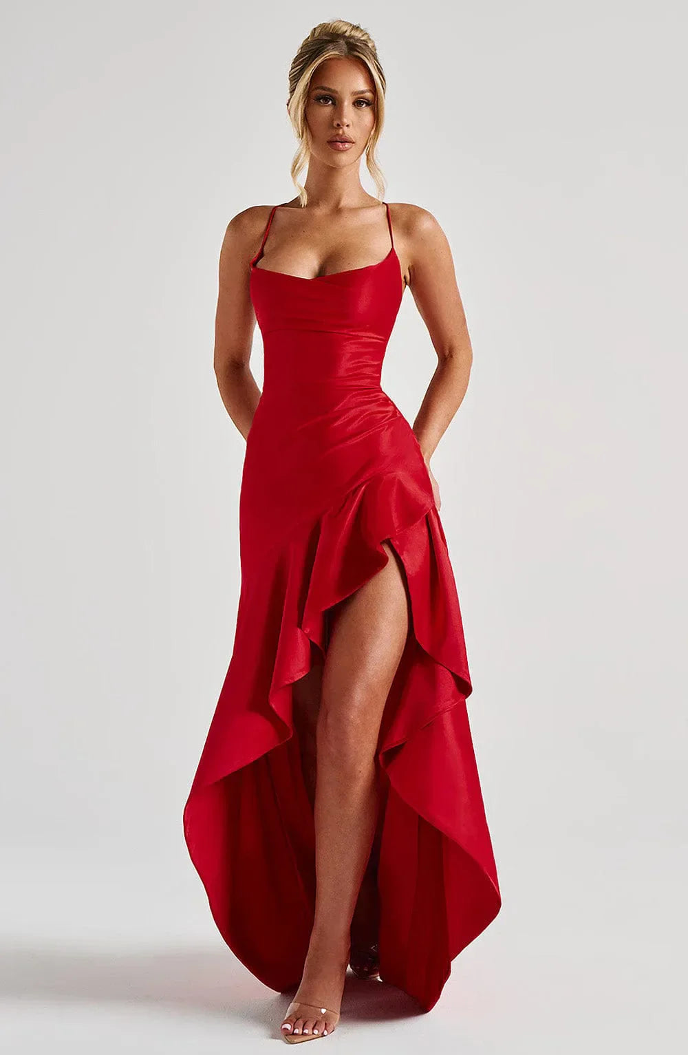 Flōre | Women's Sleeveless Wedding Guest Dress with Hight Slit and Diagonal Hemline Red