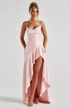 Flōre | Women's Sleeveless Wedding Guest Dress with Hight Slit and Diagonal Hemline Pink