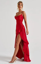 Flōre | Women's Sleeveless Wedding Guest Dress with Hight Slit and Diagonal Hemline