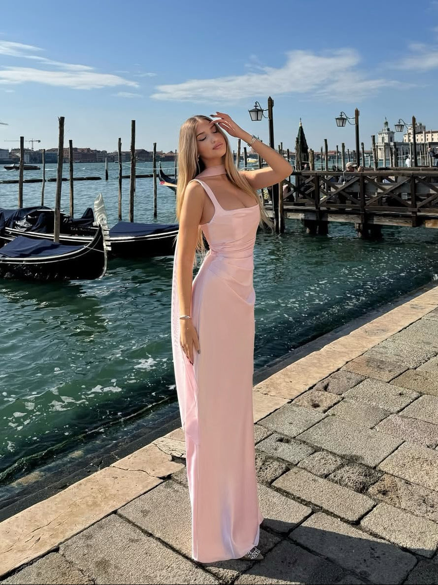 Dôre | Women's Sleeveless Wedding Guest Dress with Scarf and Square Neckline Pink