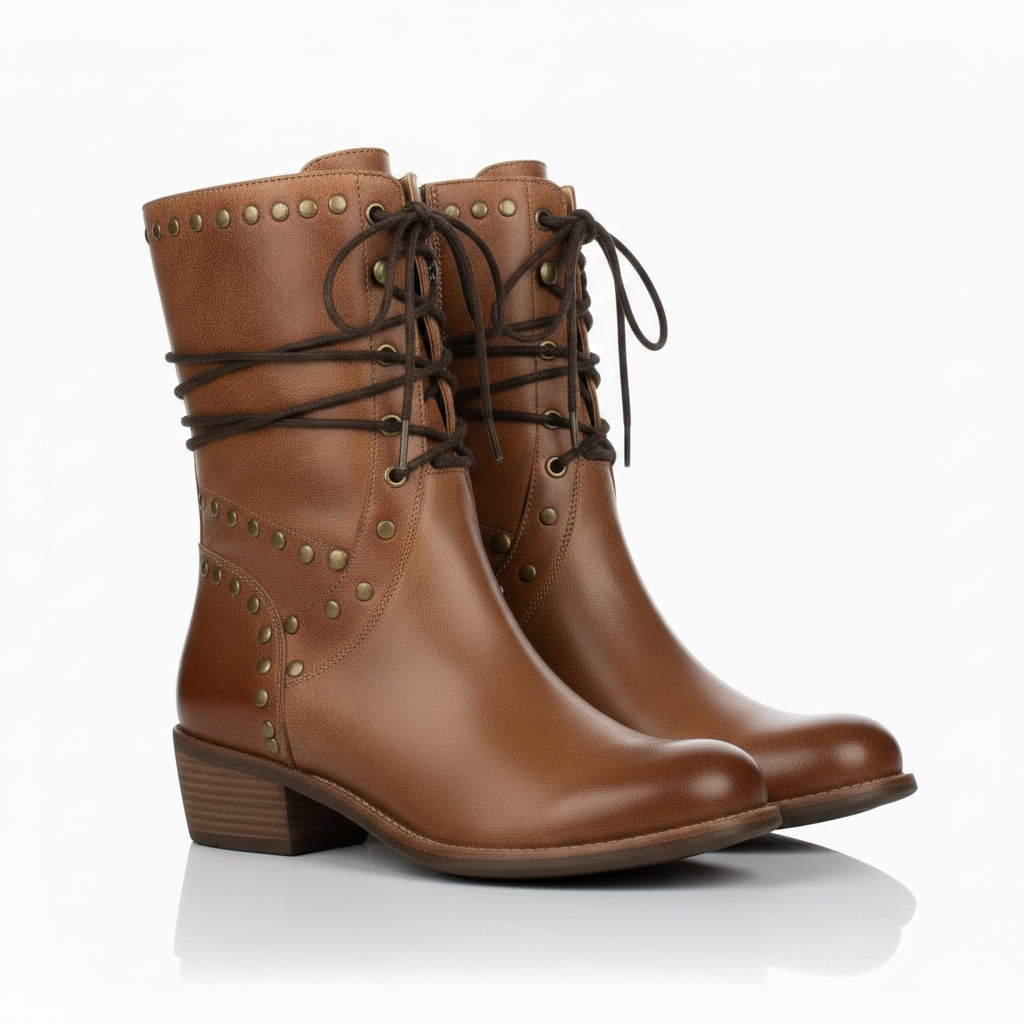 Lyra | Women’s Studded Lace-Up Mid-Calf Boots with Low Heel and Vintage Finish