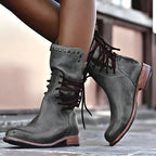 Lyra | Women’s Studded Lace-Up Mid-Calf Boots with Low Heel and Vintage Finish Grey