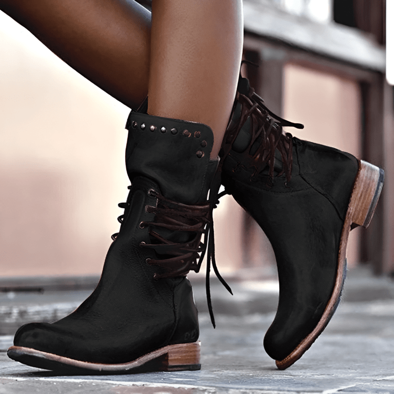 Lyra | Women’s Studded Lace-Up Mid-Calf Boots with Low Heel and Vintage Finish Black