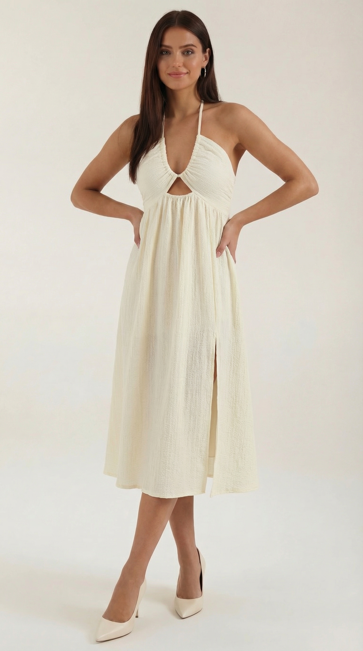 Women's Summer Midi Dress Lightweight Cutout Design Cream