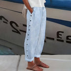 Voda | Women’s Stripe Panel Trousers – Chic Artisan Button Detail & Refined Slimming Straight-Leg Blue