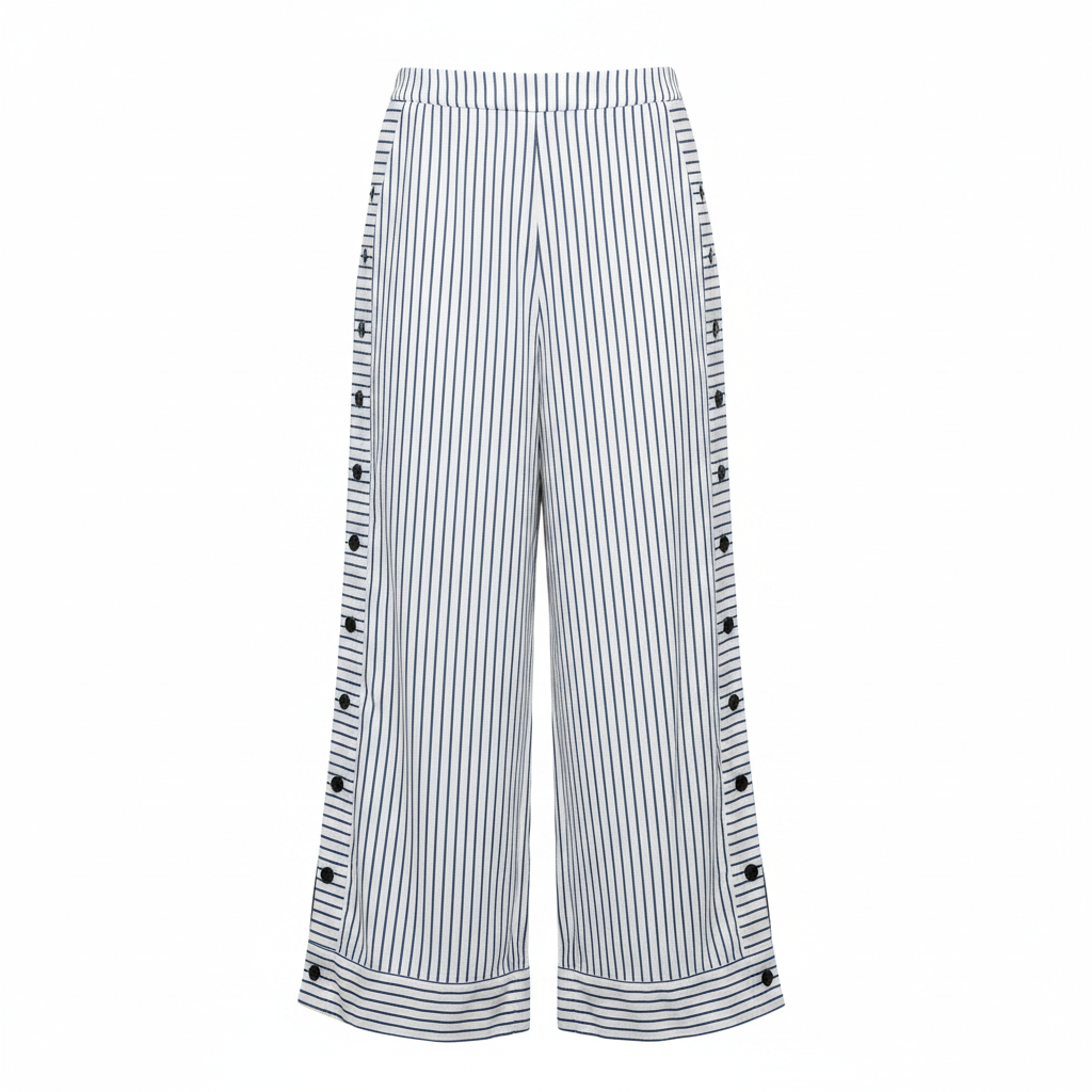 Voda | Women’s Stripe Panel Trousers – Chic Artisan Button Detail & Refined Slimming Straight-Leg