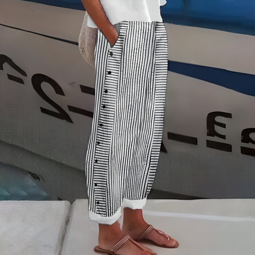 Voda | Women’s Stripe Panel Trousers – Chic Artisan Button Detail & Refined Slimming Straight-Leg Black