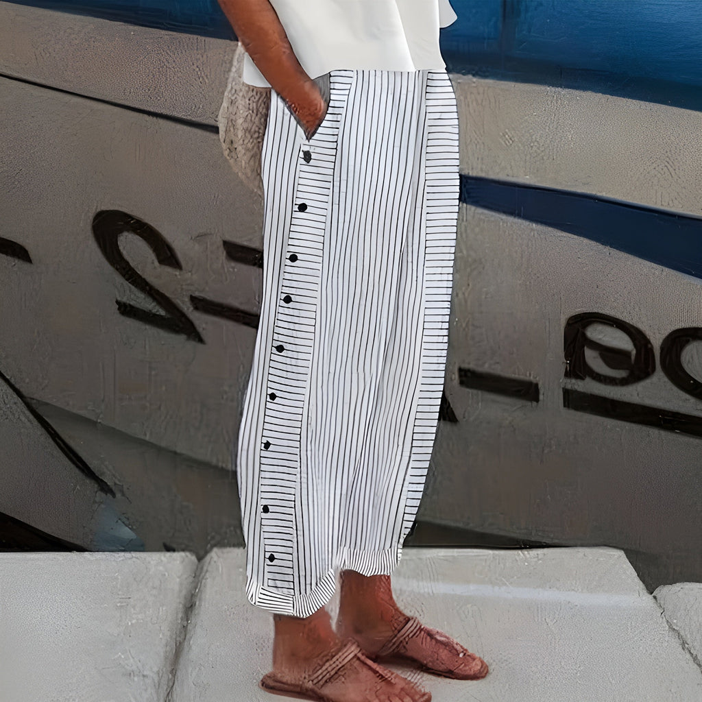 Voda | Women’s Stripe Panel Trousers – Chic Artisan Button Detail & Refined Slimming Straight-Leg Grey