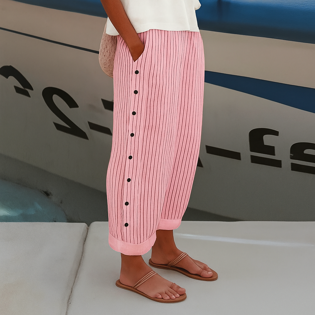 Voda | Women’s Stripe Panel Trousers – Chic Artisan Button Detail & Refined Slimming Straight-Leg Pink
