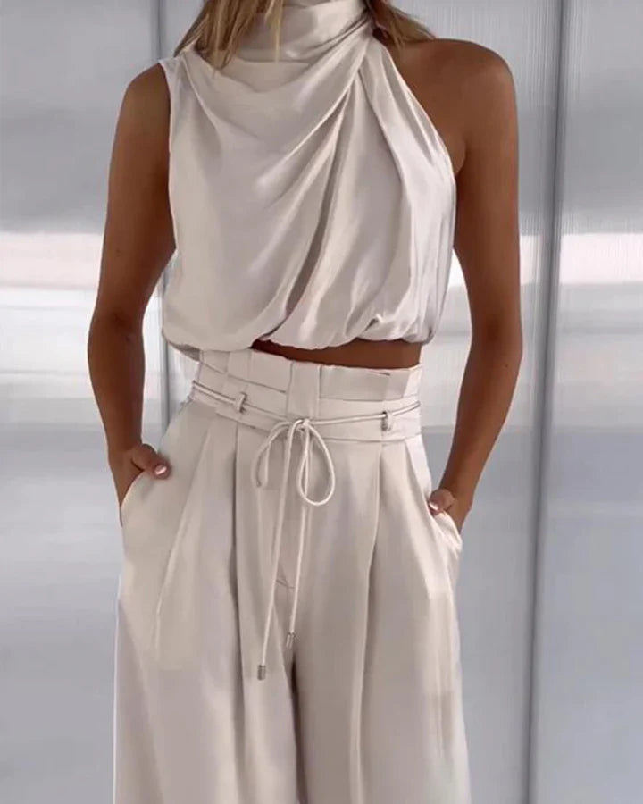 Lumi | Women’s Two-Piece Set with Draped Halter Top and High Waist Pants Beige