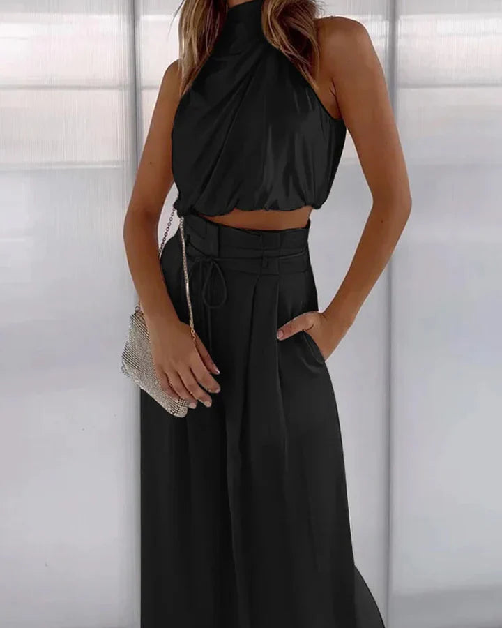 Lumi | Women’s Two-Piece Set with Draped Halter Top and High Waist Pants Black