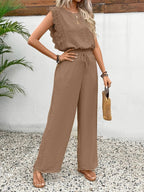Døre | Women’s Two-Piece Set with Lace-Trim Cap-Sleeve Top and Wide-Leg Pants Light Brown