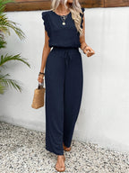 Døre | Women’s Two-Piece Set with Lace-Trim Cap-Sleeve Top and Wide-Leg Pants Navy Blue