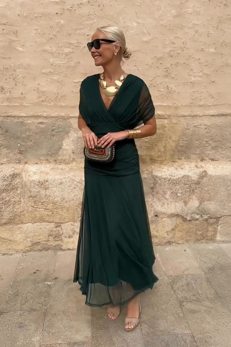 Women's V-Neck Wedding Guest Dress with Short Sleeves and Maxi Length Green