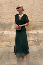 Women's V-Neck Wedding Guest Dress with Short Sleeves and Maxi Length Green