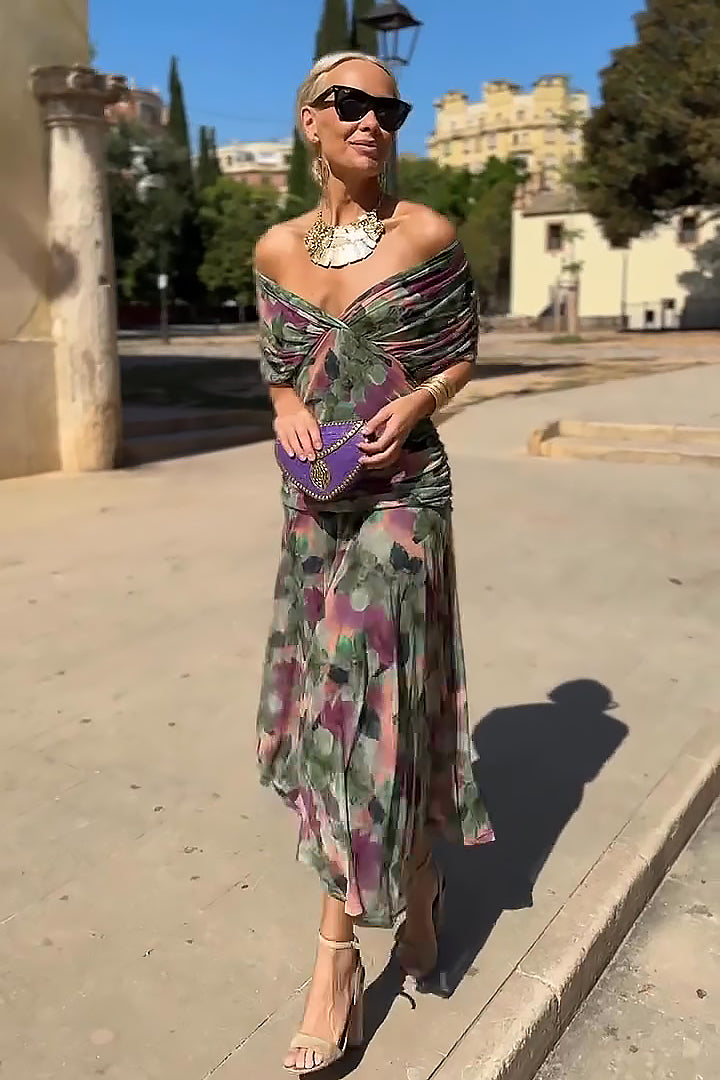 Women's V-Neck Wedding Guest Dress with Short Sleeves and Maxi Length Multicolour