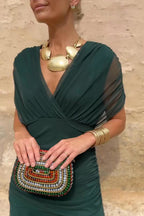 Women's V-Neck Wedding Guest Dress with Short Sleeves and Maxi Length