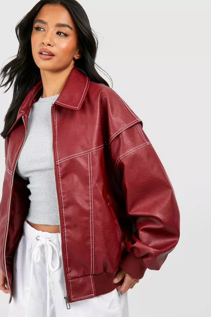 Zara Red Oversized Leather Jacket for Women L