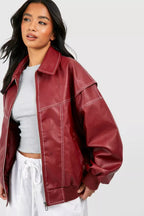 Zara Red Oversized Leather Jacket for Women L