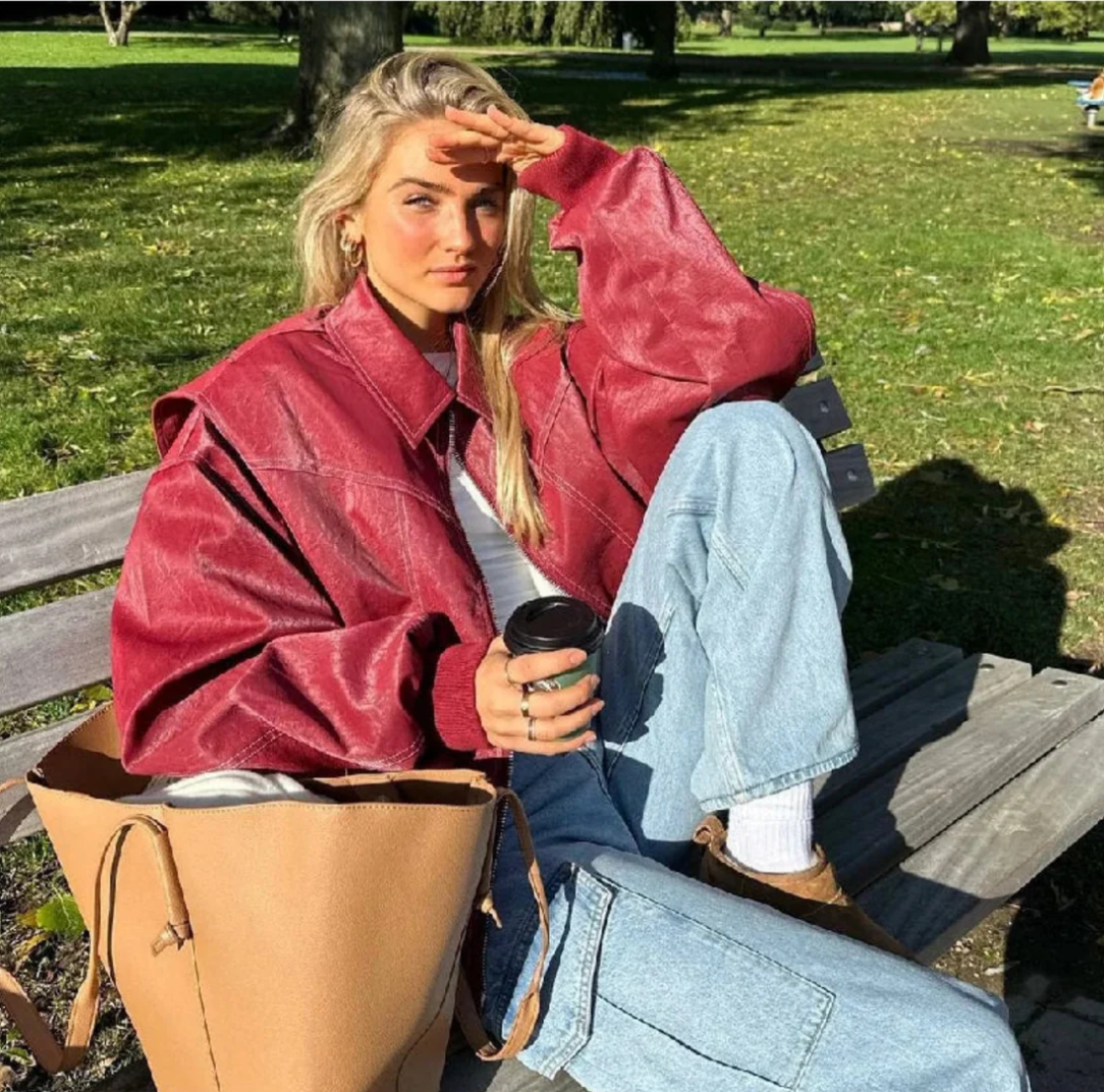 Zara Red Oversized Leather Jacket for Women