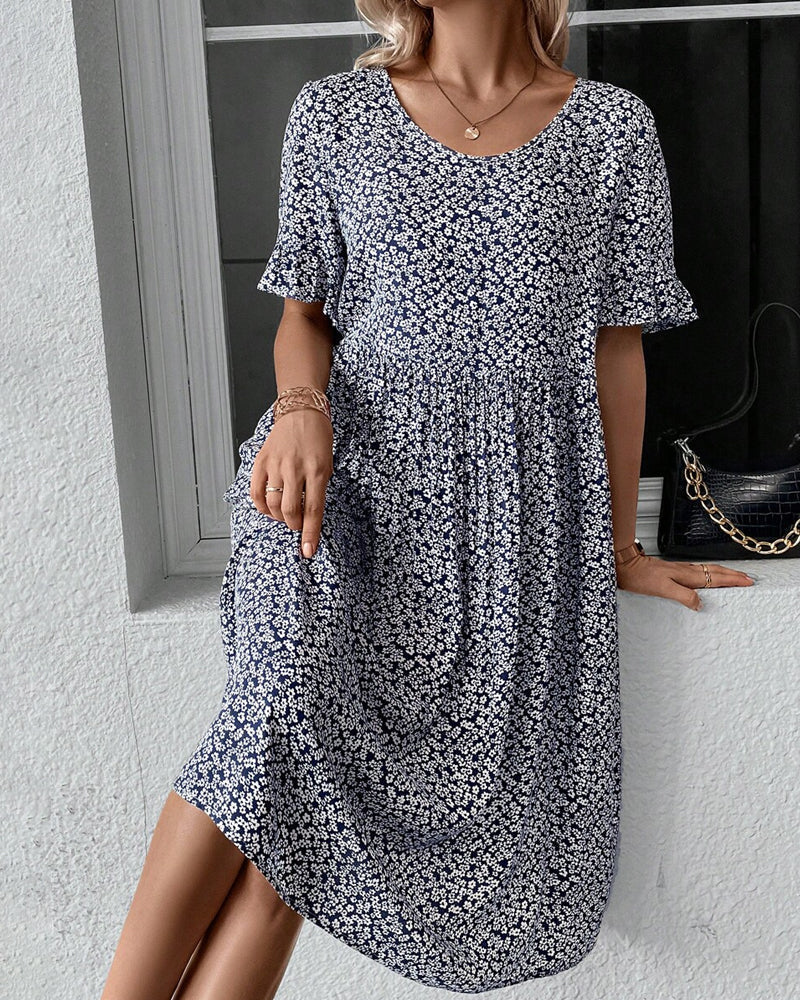 Damaris | Midi Dress with Floral Print, Round Neck and Short Sleeves for Women | Ideal for Day and Evening