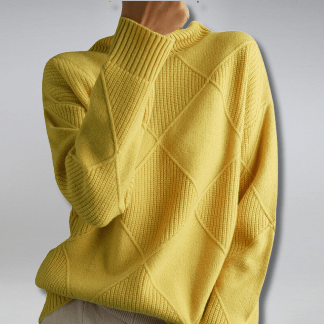 Zahara | Women's Diamond Knit Sweater - Textured Cable Pattern Pullover & Soft Jumper Yellow
