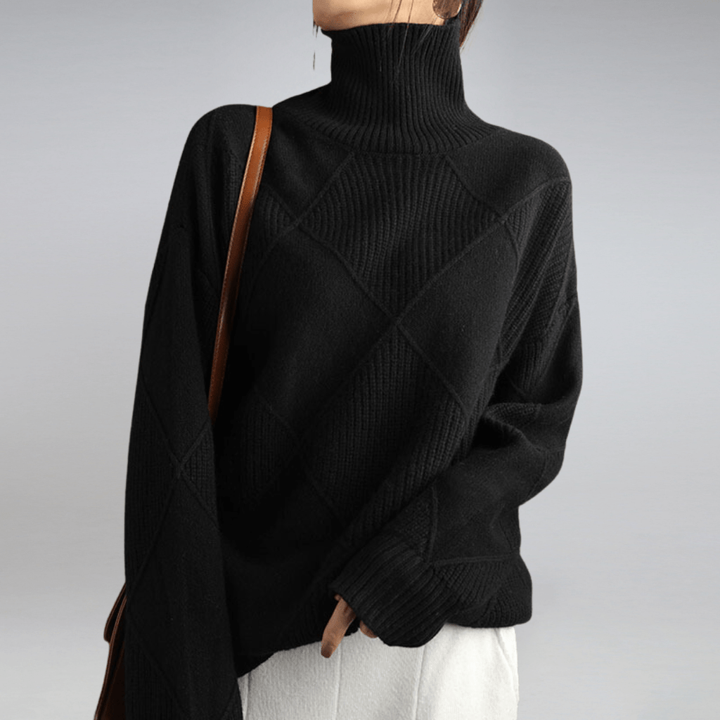 Zahara | Women's Diamond Knit Sweater - Textured Cable Pattern Pullover & Soft Jumper Black