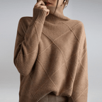 Zahara | Women's Diamond Knit Sweater - Textured Cable Pattern Pullover & Soft Jumper Brown