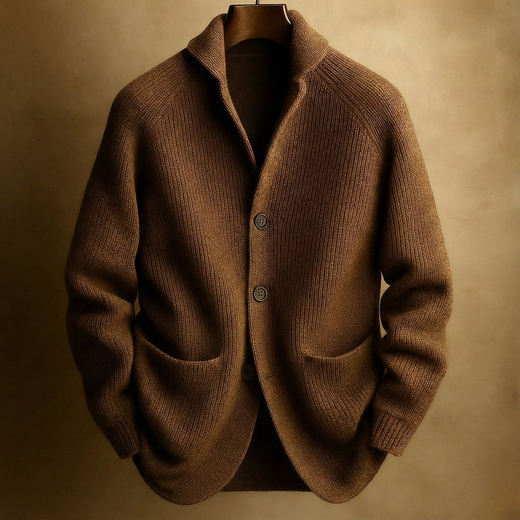Zipari | Men's Ribbed Cardigan - Full-Zip Knitted Sweater & Stand Collar Warm Jumper Brown