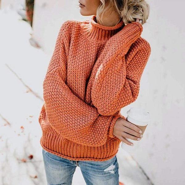 Parsha | Women's Sweater | Textured Knit Surface Long Sleeve Orange