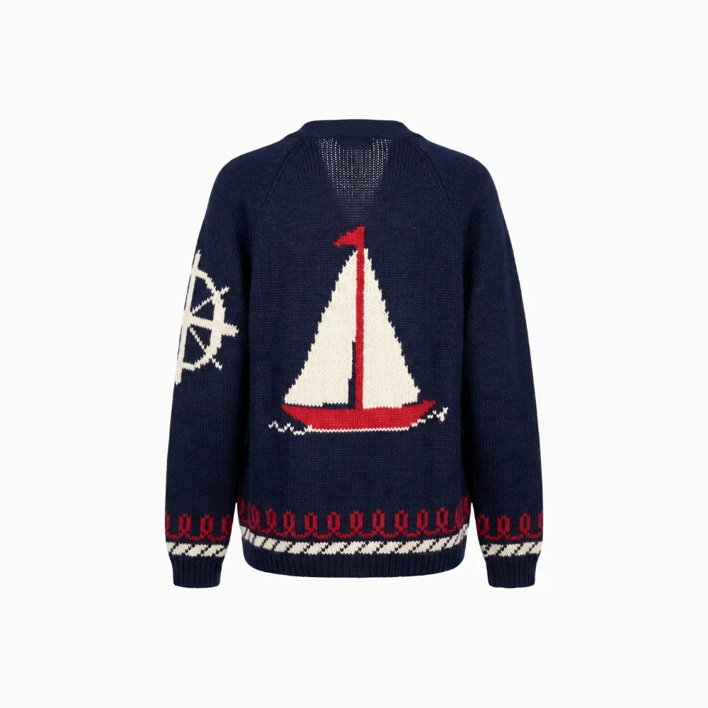 Velina | Women's Shawl Collar Cardigan with Sailboat Print Y2K V Neck Button Down Knit Jumper
