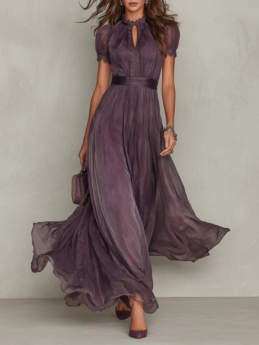 Chiffon Maxi Dress for Women – Ruffle Neckline & Keyhole Lilac