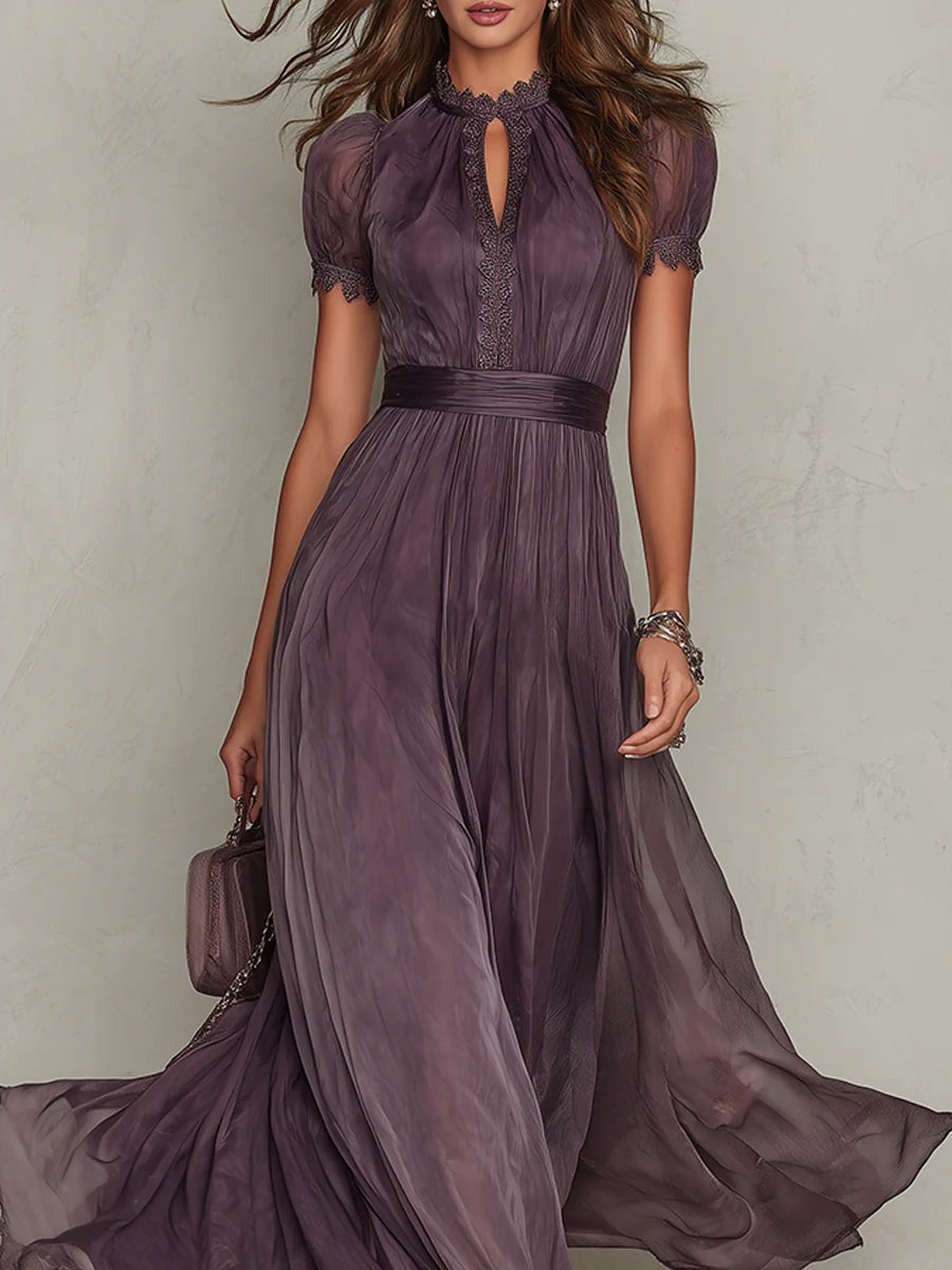 Chiffon Maxi Dress for Women – Ruffle Neckline & Keyhole