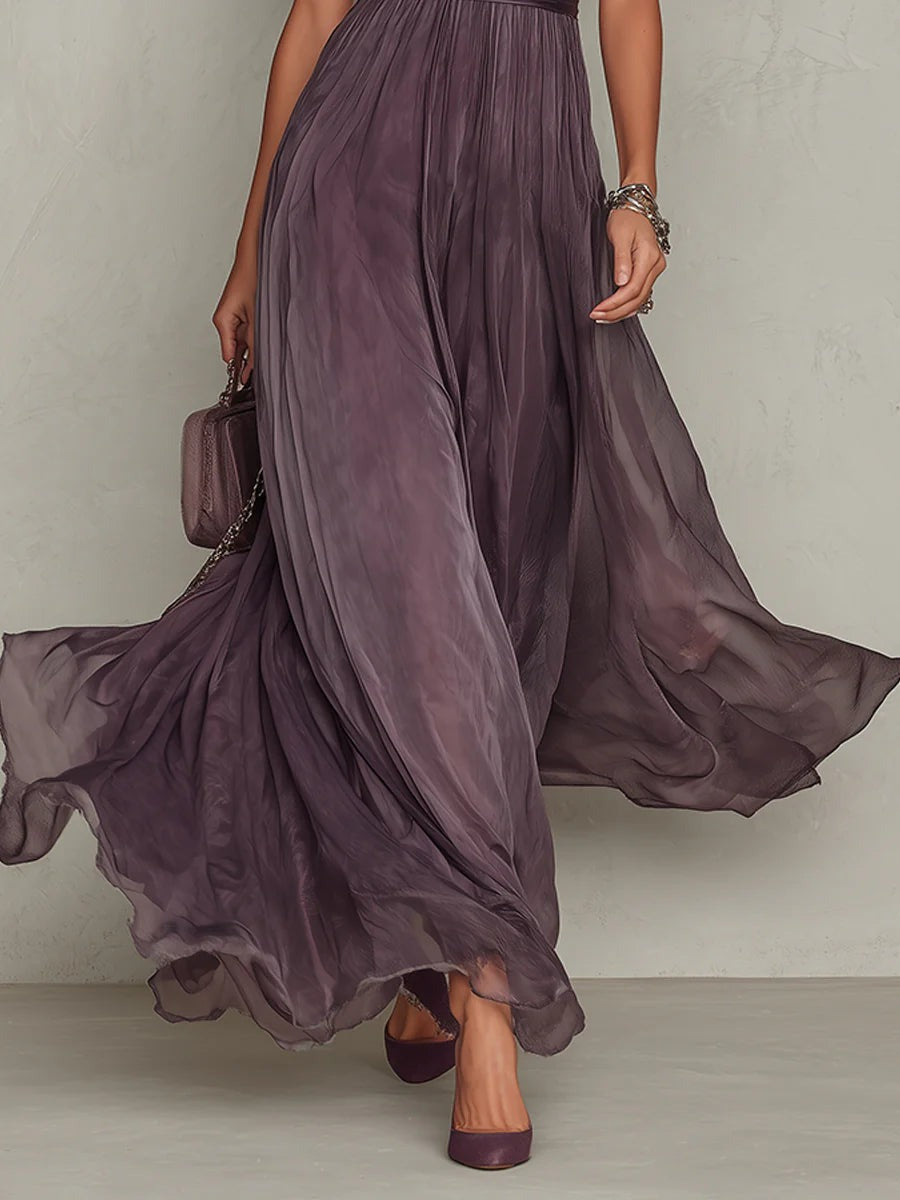 Chiffon Maxi Dress for Women – Ruffle Neckline & Keyhole