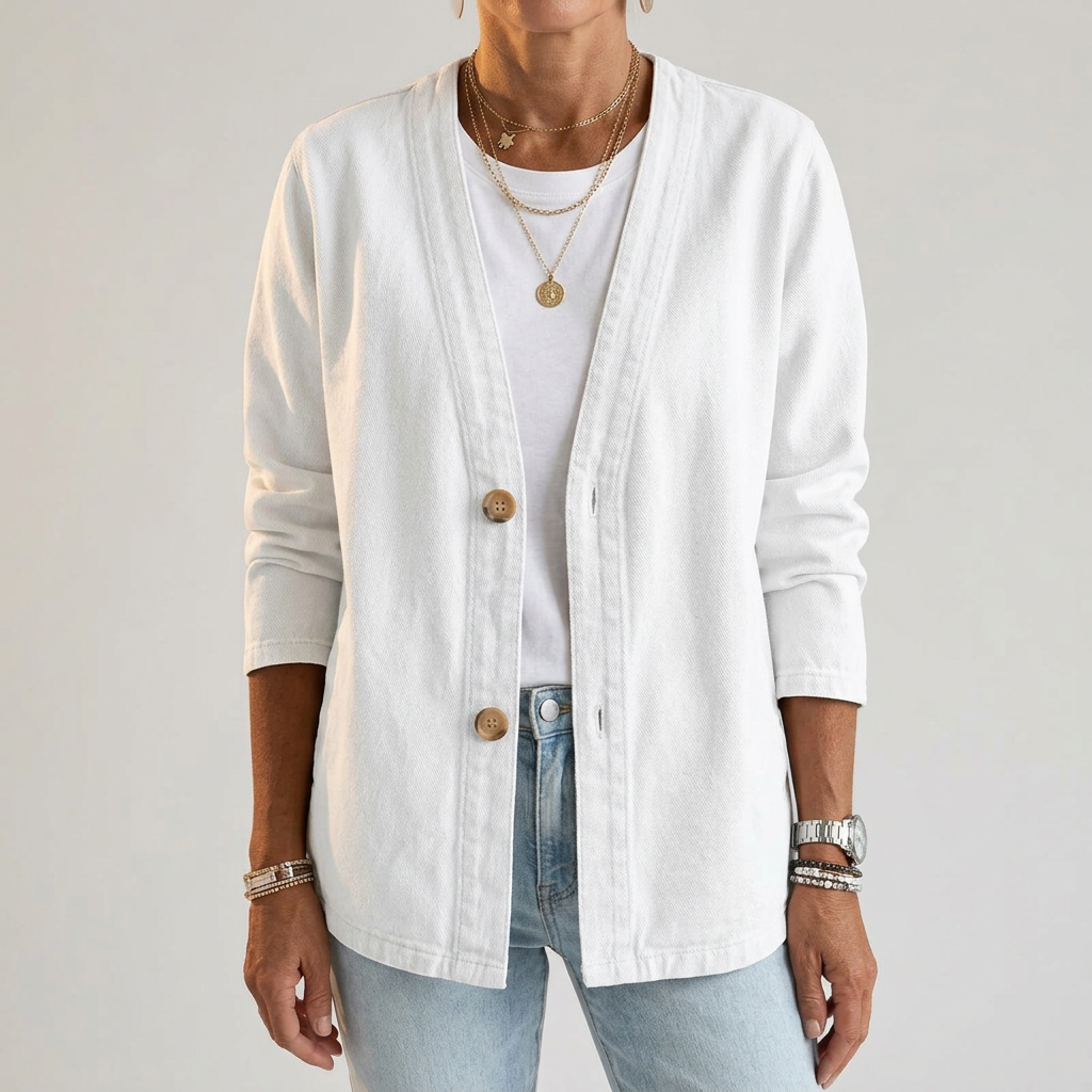 Sephira | Women's Relaxed Denim Cardigan - Oversized Button-Front Jean Shacket & Outer Layer White