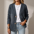 Sephira | Women's Relaxed Denim Cardigan - Oversized Button-Front Jean Shacket & Outer Layer Black