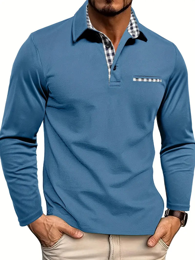 Zipari | Men's Long Sleeve Polo Shirt for Winter - Warm Thermal Polo Top Light Blue