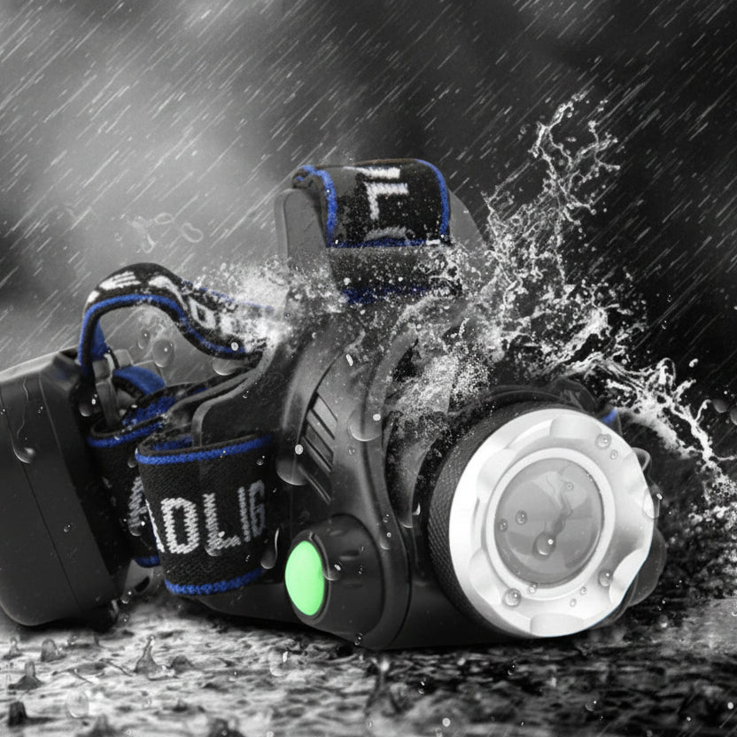 Powerful Waterproof LED Headlamp with Zoom & Rechargeable Battery for Outdoor Activities