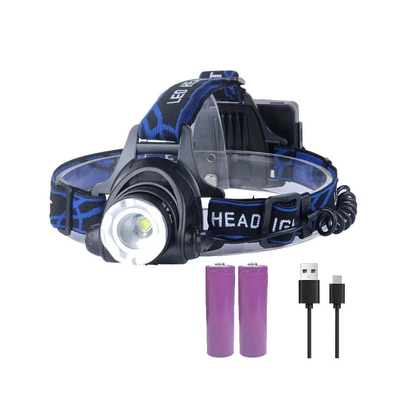 Powerful Waterproof LED Headlamp with Zoom & Rechargeable Battery for Outdoor Activities