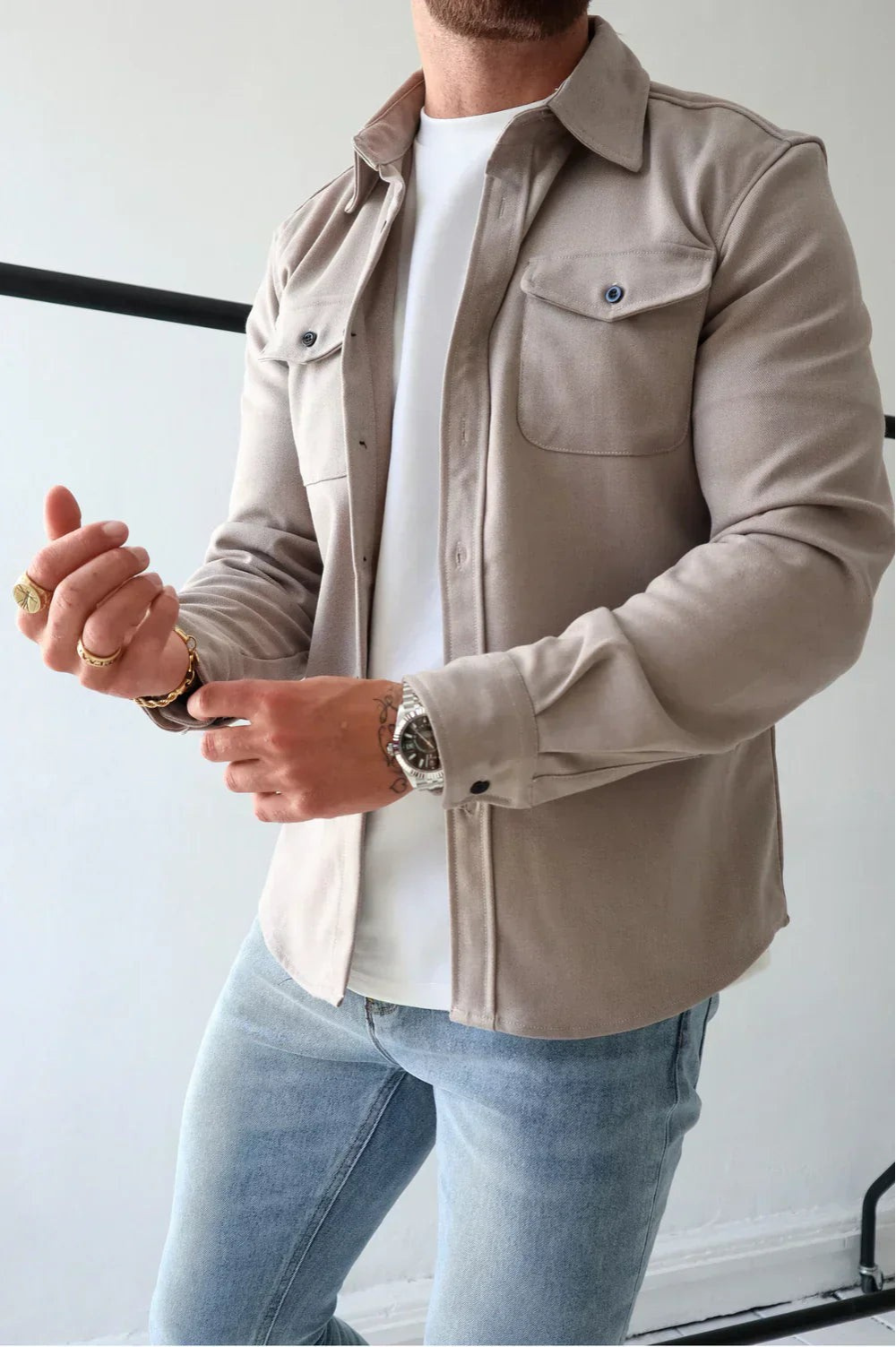 Ranches | Men's Casual Overshirt - Stylish Long Sleeve Shacket & Button-Down Jacket Stone