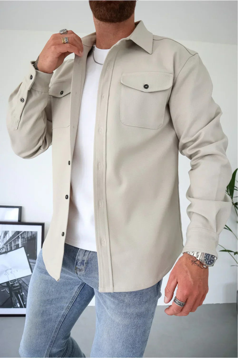 Ranches | Men's Casual Overshirt - Stylish Long Sleeve Shacket & Button-Down Jacket Creme